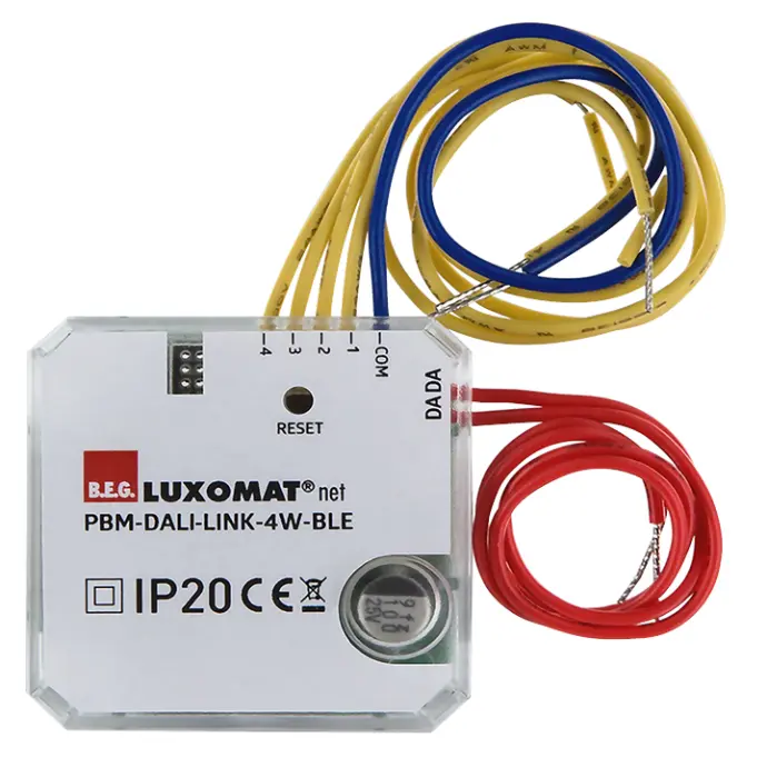 Kompaktes PBM-DALI-LINK-4W-BLE Modul mit Anschlussleitungen von B.E.G. Luxomat