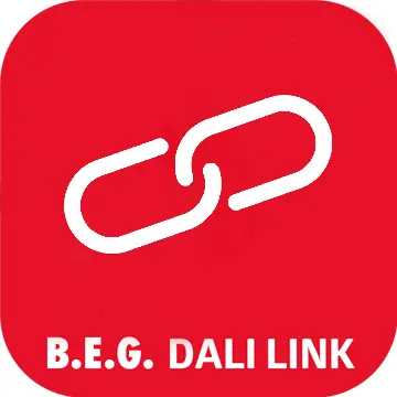 Das rote App-Icon der B.E.G. DALI LINK App. In der Mitte ist das bekannte Bluetooth-Symbol dargestellt, flankiert von stilisierten Funksignalen links und rechts. Unten steht der Schriftzug „B.E.G. DALI LINK“ in Weiss. Die App dient zur drahtlosen Konfiguration und Steuerung von DALI-Link-Komponenten über mobile Endgeräte. Rotes App-Symbol der B.E.G. DALI LINK App mit Bluetooth- und Funksignal-Symbolen