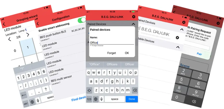Screenshots der B.E.G. DALI LINK App mit Funktionen zur Lichtsteuerung und Konfiguration