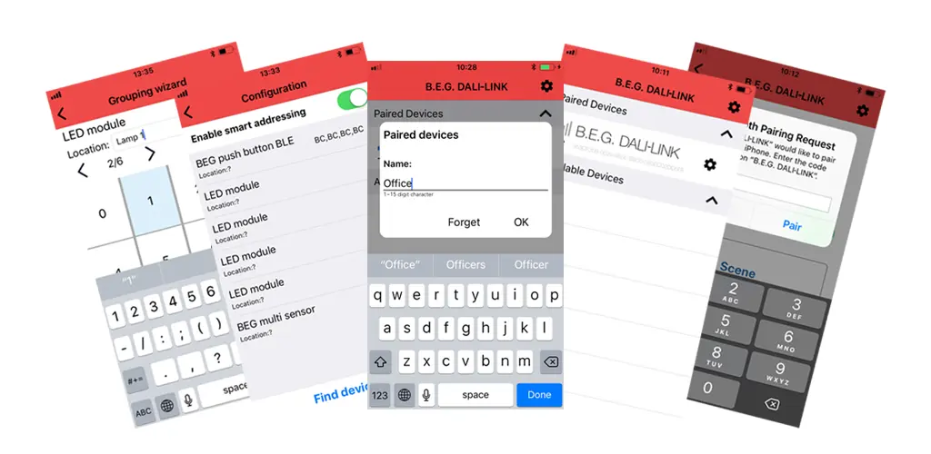 Screenshots der B.E.G. DALI LINK App mit Funktionen zur Lichtsteuerung und Konfiguration
