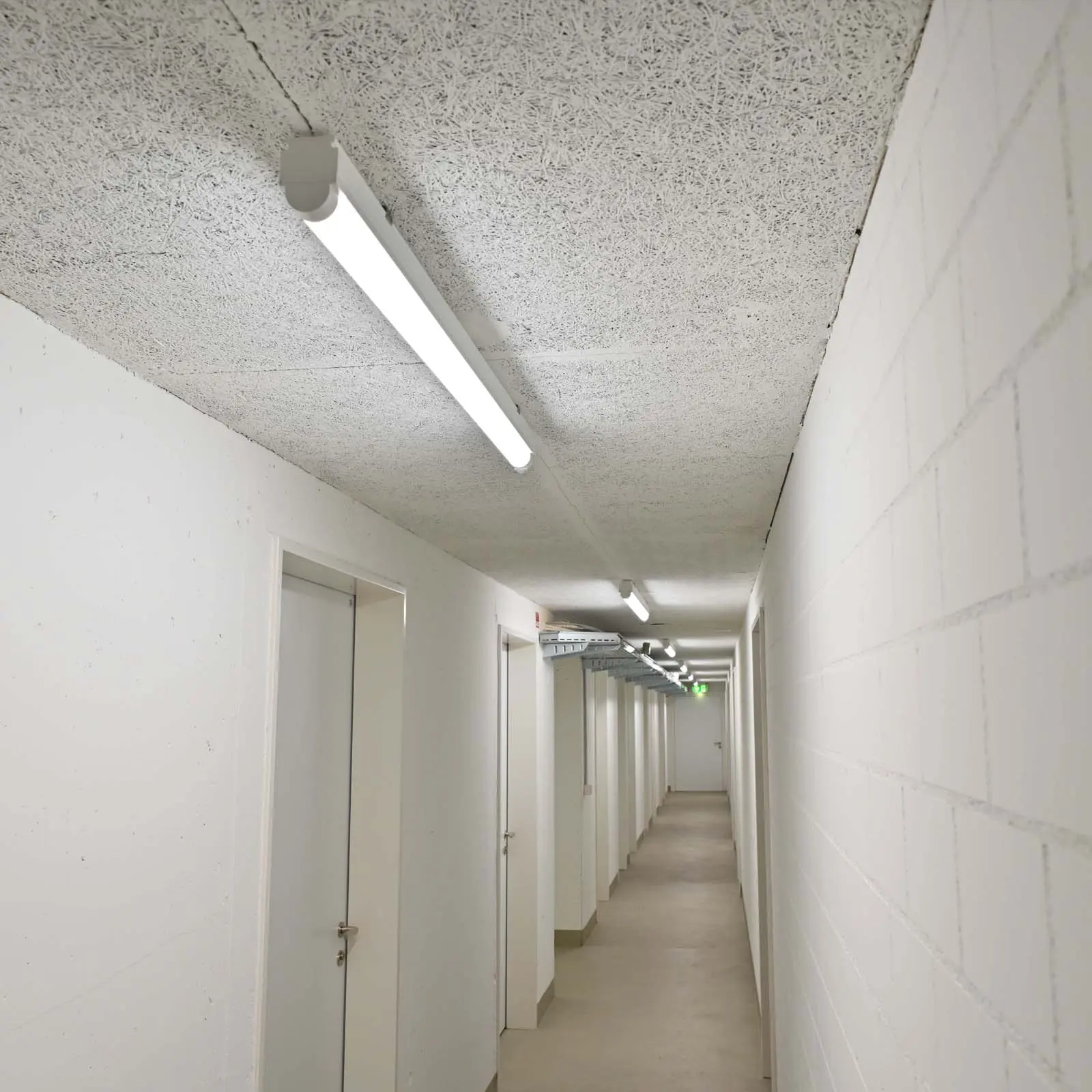 Couloir de cave lumineux avec luminaires TRIVALITE et rangée de portes blanches de type cellulaire