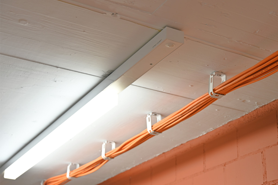 Sensoren und Leuchten lassen sich getrennt und werkzeuglos auf der Tragschiene positionieren und schon bei der Installation an die örtlichen Gegebenheiten anpassen. Der Sensor ist Teil der Schwarmintelligenz und dimmt die Leuchten und Gruppen für optimalen Komfort und Energieeffizienz. Sensor auf Tragschiene zur intelligenten Steuerung von Leuchten für optimalen Komfort und Energieeffizienz